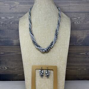 3 Strand Twisted Faux Gray Graduated Pearl Bead Necklace and Earring Set